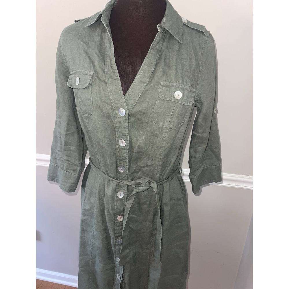 MALVIN I Love Linen Minimalist Olive Green Belted Roll Tab Shirt Dress Size S